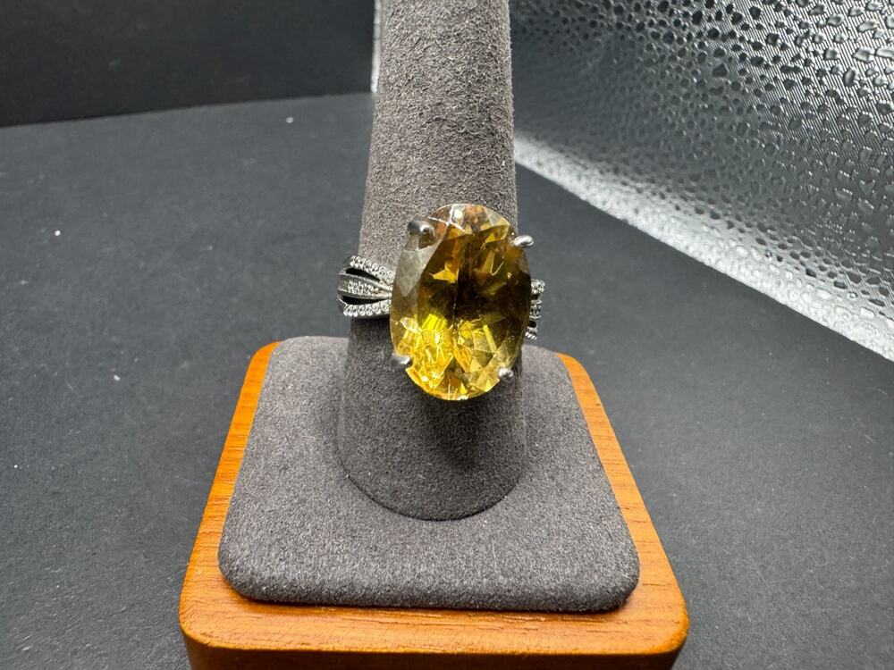 D’Joy 925 Sterling Silver Oval Cut Natural Citrine CZ Halo Cocktail Ring Sz 10